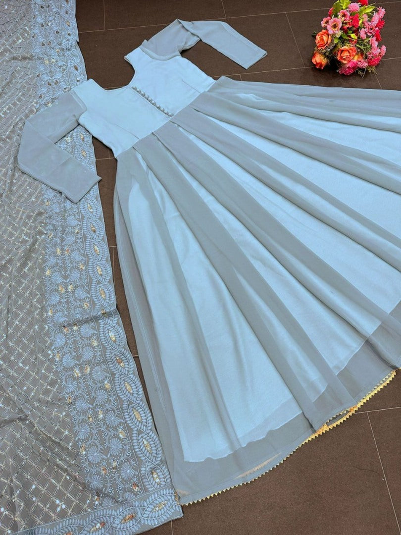 Grey georgette plain long anarkali gown