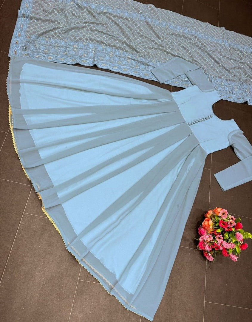 Grey georgette plain long anarkali gown