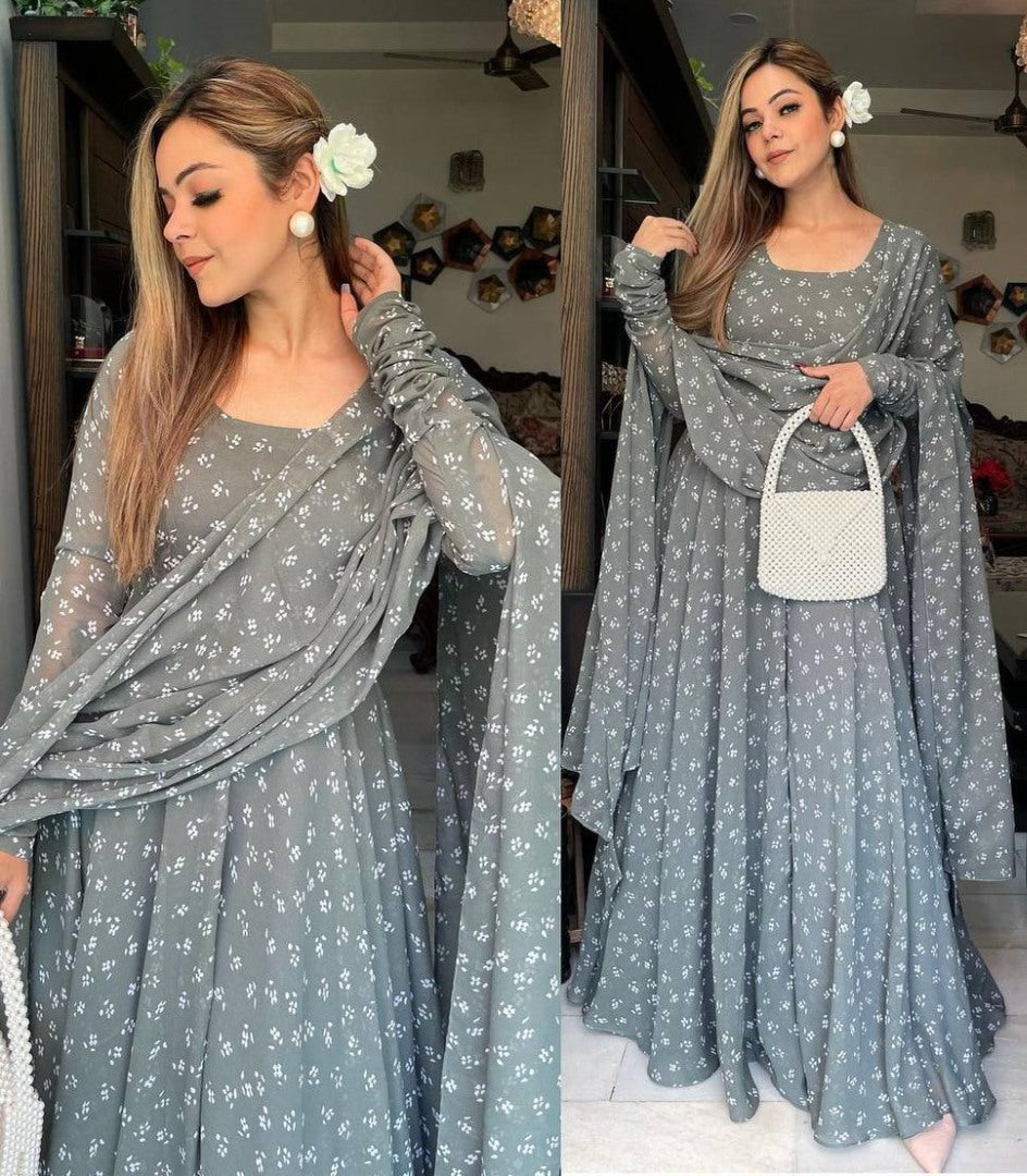 Grey georgette printed umbrella flair anarkali suit