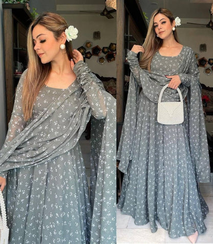 Grey georgette printed umbrella flair anarkali suit