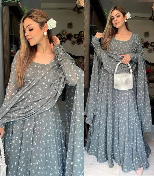 Grey georgette printed umbrella flair anarkali suit