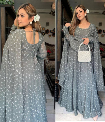 Grey georgette printed umbrella flair anarkali suit