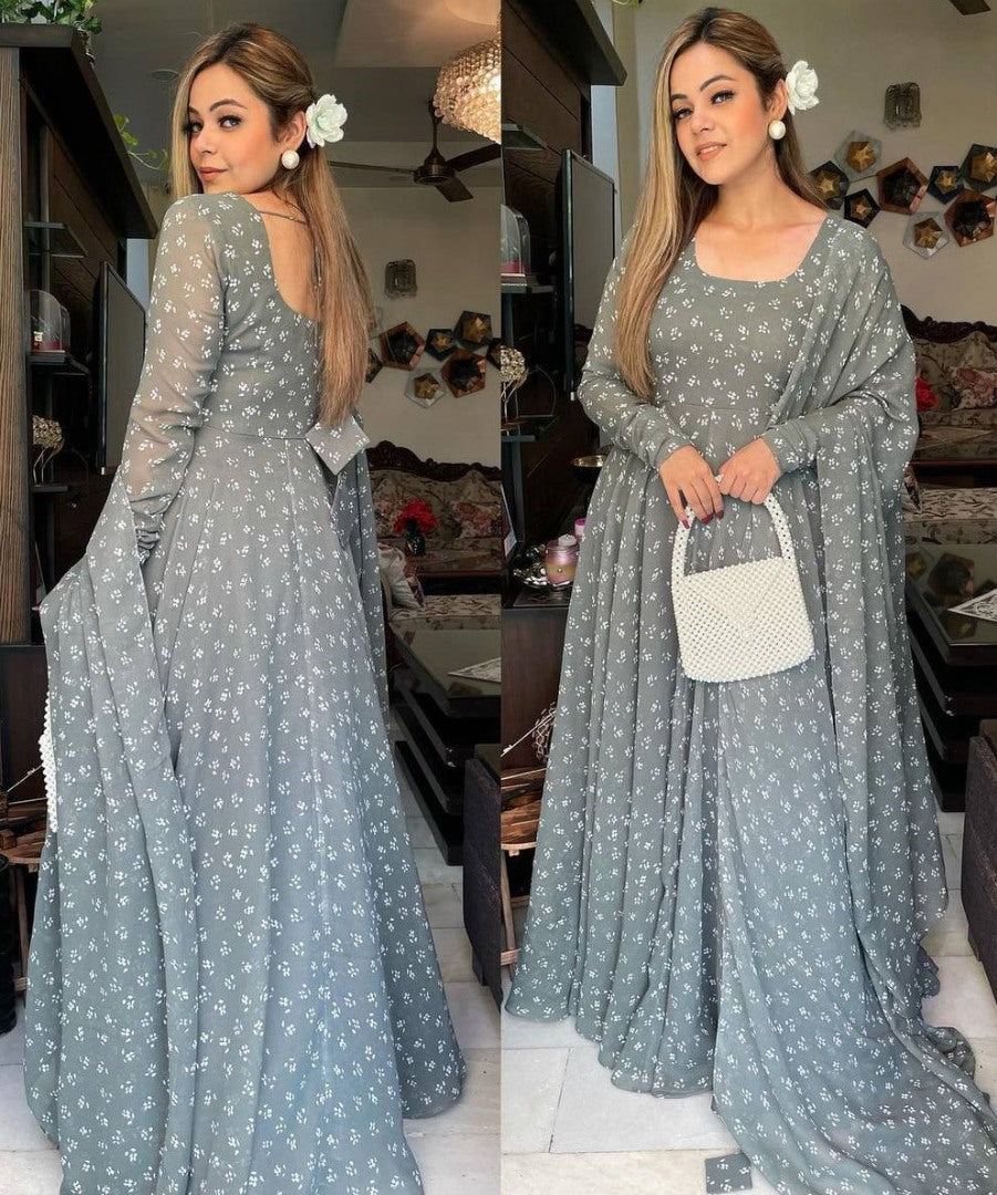 Grey georgette printed umbrella flair anarkali suit