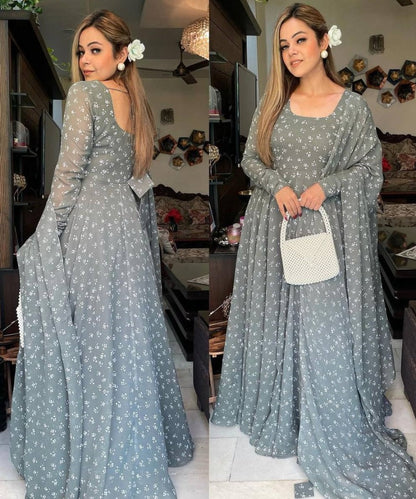Grey georgette printed umbrella flair anarkali suit