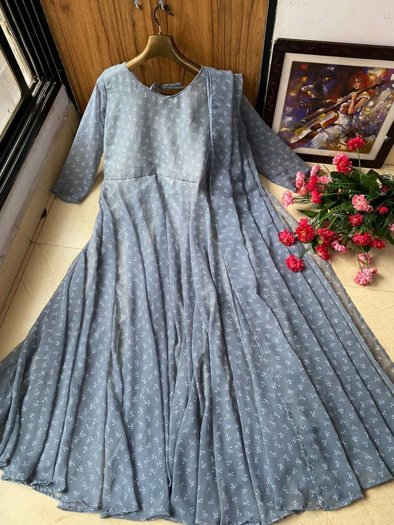 Grey georgette printed umbrella flair anarkali suit