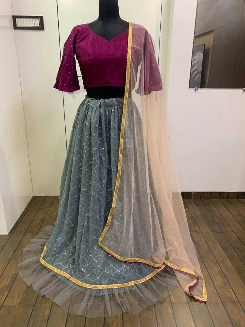 Grey georgette sequence and stone work lehenga choli