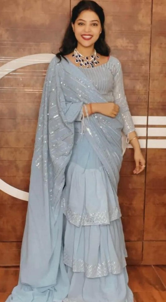 Grey georgette sequence embroidered work party wear saree