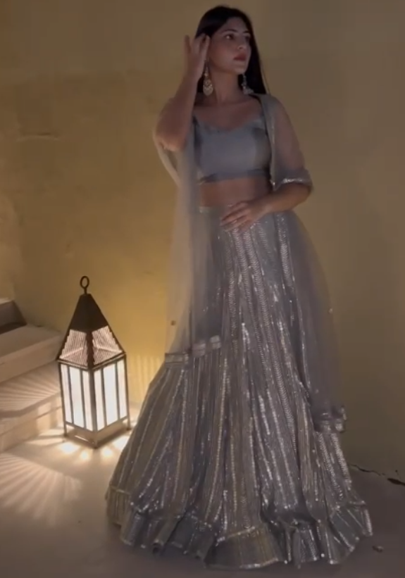 Grey georgette sequence embroidery work designer party wear lehenga choli