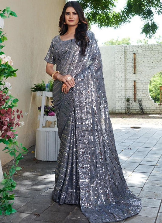 Grey georgette sequence work party wear saree