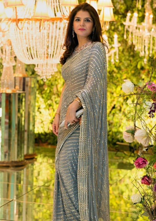 Grey georgette sequence work saree