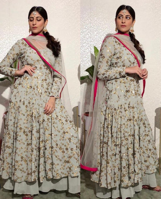Grey georgette sequence work sharara anarkali suit