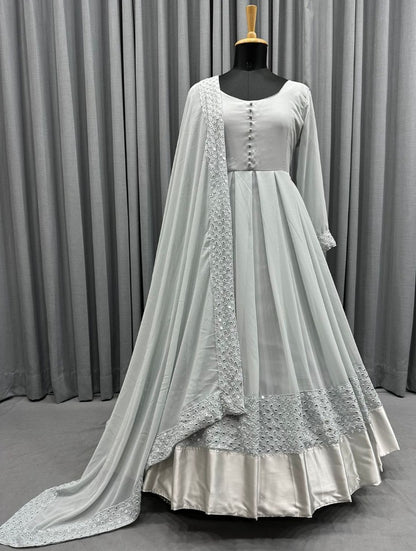 Grey georgette thread embroidered party wear anarkali suit