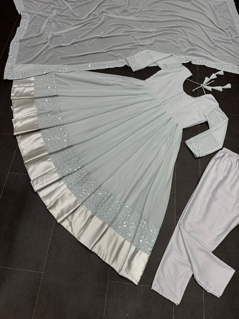 Grey georgette thread embroidered party wear anarkali suit