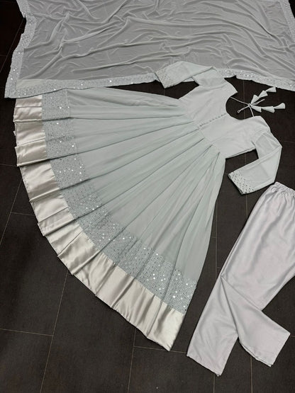 Grey georgette thread embroidered party wear anarkali suit