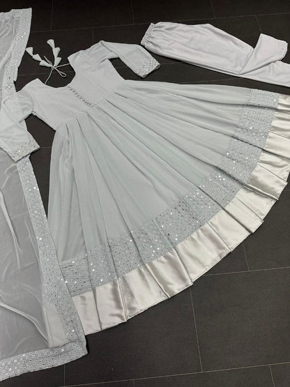 Grey georgette thread embroidered party wear anarkali suit