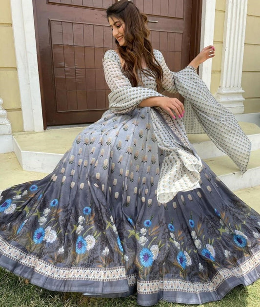Grey heavy butter silk digital printed work party wear anarkali gown
