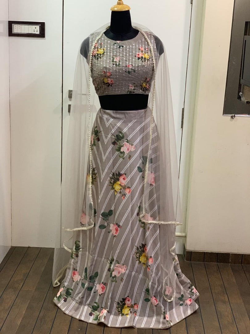Grey heavy cotton silk digital printed beautiful ceremonial lehengha choli