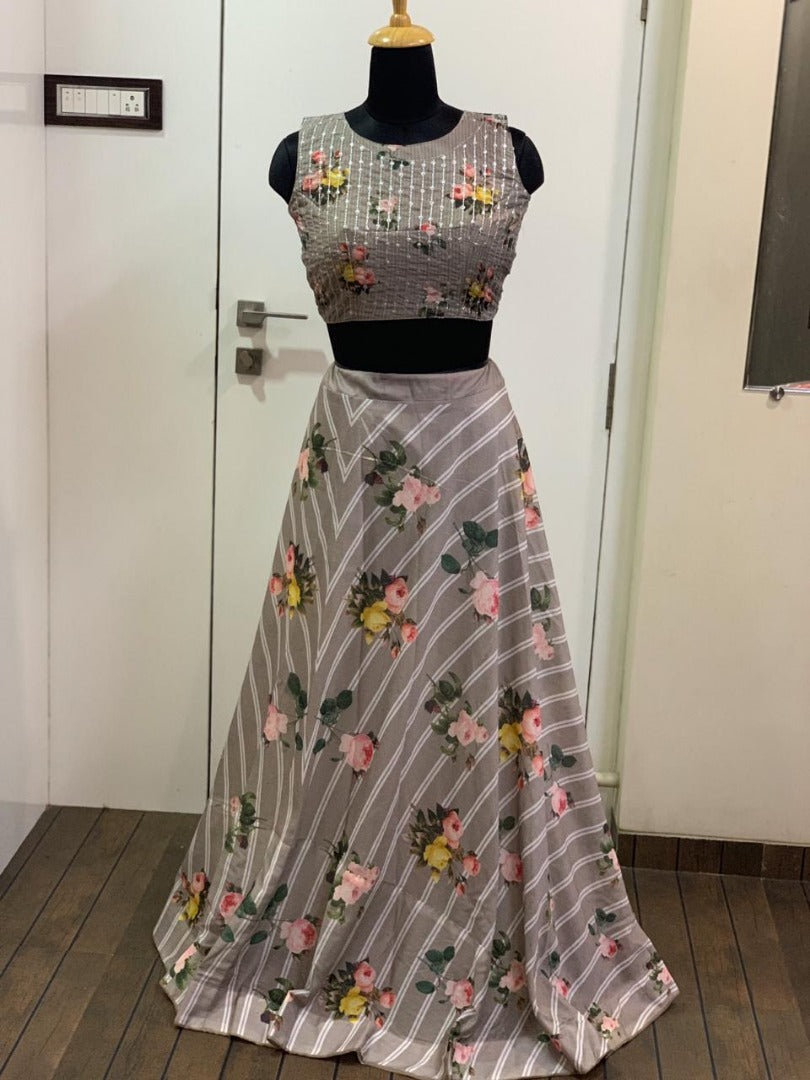 Grey heavy cotton silk digital printed beautiful ceremonial lehengha choli