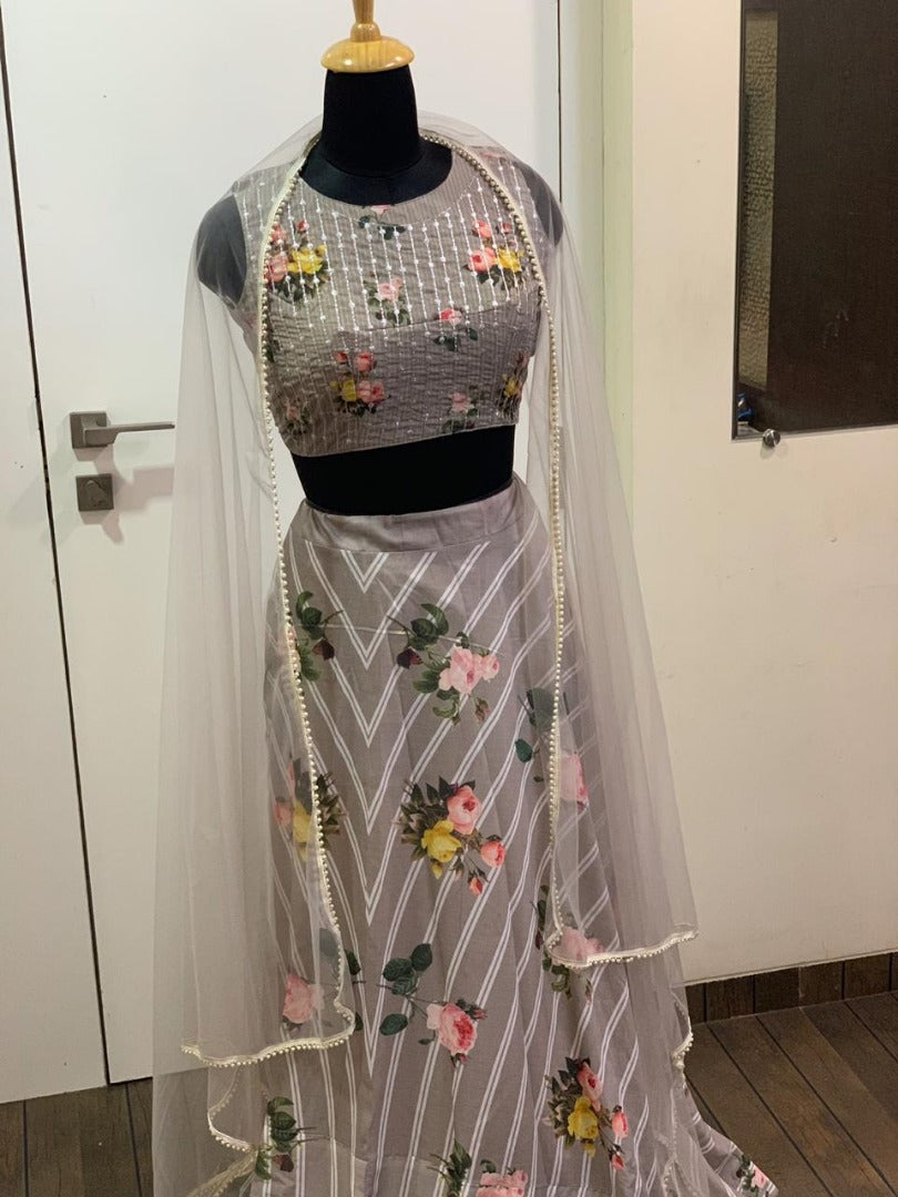 Grey heavy cotton silk digital printed beautiful ceremonial lehengha choli
