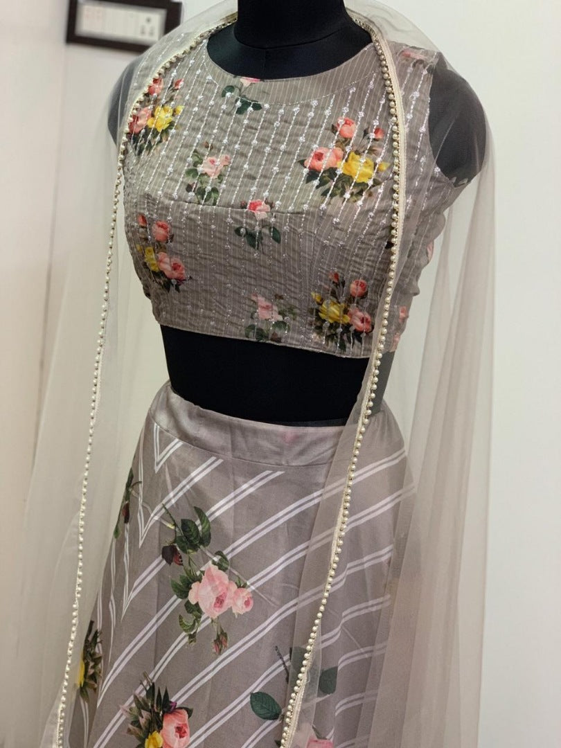 Grey heavy cotton silk digital printed beautiful ceremonial lehengha choli