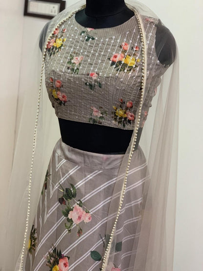 Grey heavy cotton silk digital printed beautiful ceremonial lehengha choli