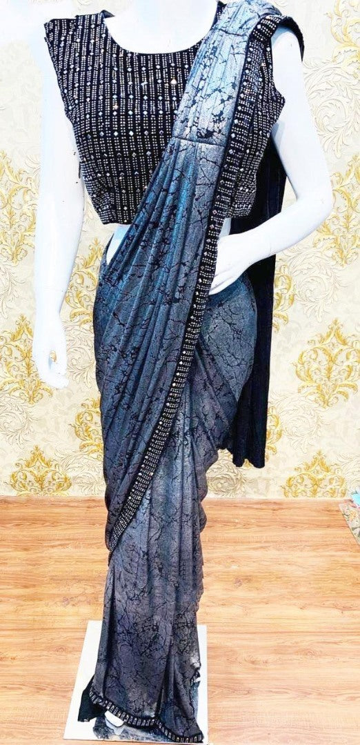 Grey heavy lycra stone work border partywear saree