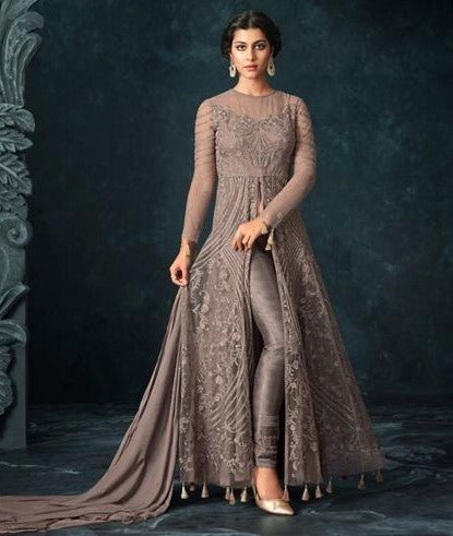 Grey heavy net designer churidar salwar suit
