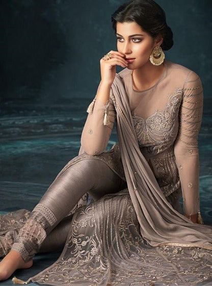Grey heavy net designer churidar salwar suit