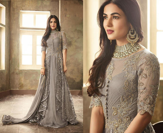 Grey heavy net embroidery and stone worked designer gown with dupatta