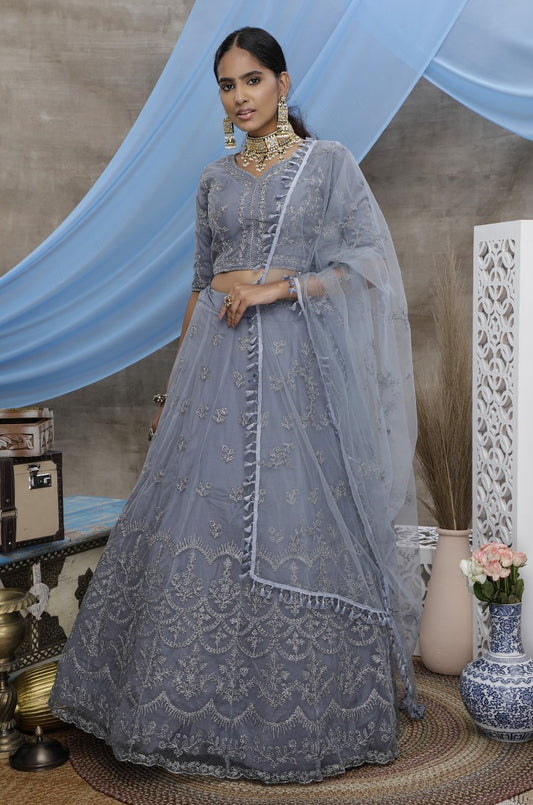 Grey heavy net sequence embroidered wedding lehenga choli