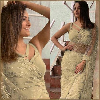 Grey heavy net sequence work designer partywear saree