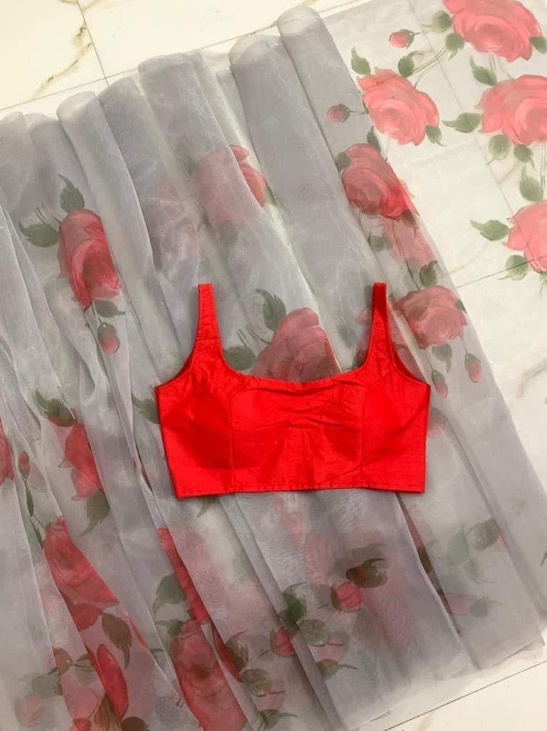 Grey heavy organza digital flower printed work saree