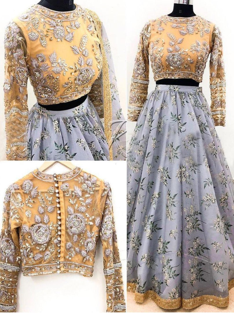 Grey heavy organza net digital printed wedding lehenga