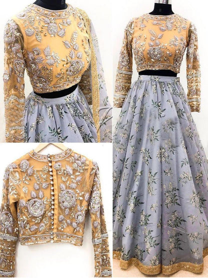 Grey heavy organza net digital printed wedding lehenga