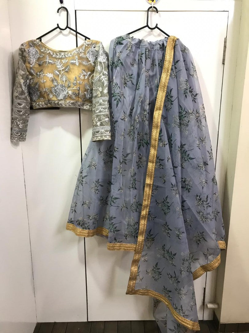 Grey heavy organza net digital printed wedding lehenga