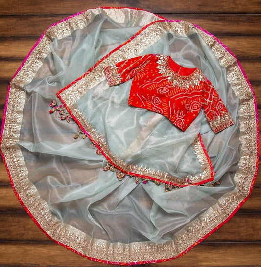 Grey heavy organza silk sequence work fancy saree