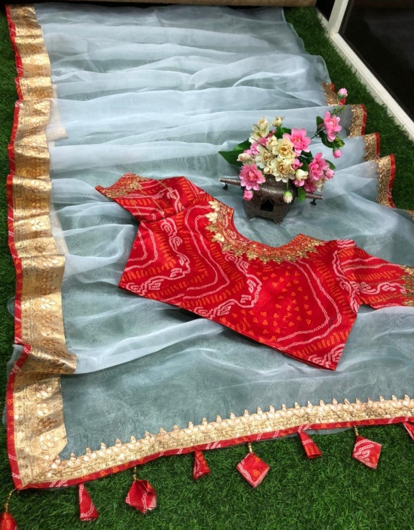 Grey heavy organza silk sequence work fancy saree