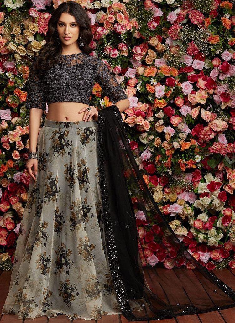 grey heavy orgenza silk printed lehenga choli