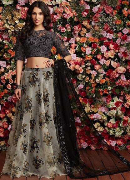 grey heavy orgenza silk printed lehenga choli