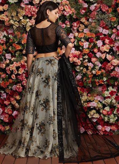 grey heavy orgenza silk printed lehenga choli