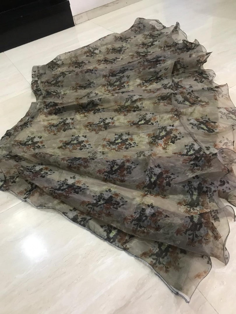 grey heavy orgenza silk printed lehenga choli