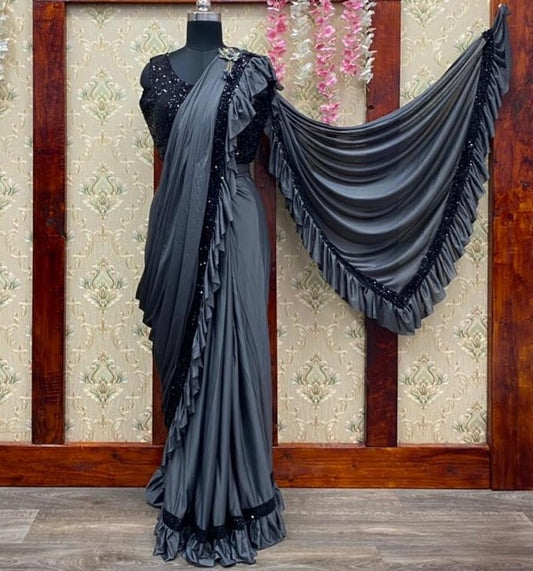 Grey imported fabric embroidered sequence work saree