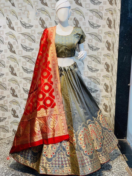 grey jacquard silk heavy lehenga choli