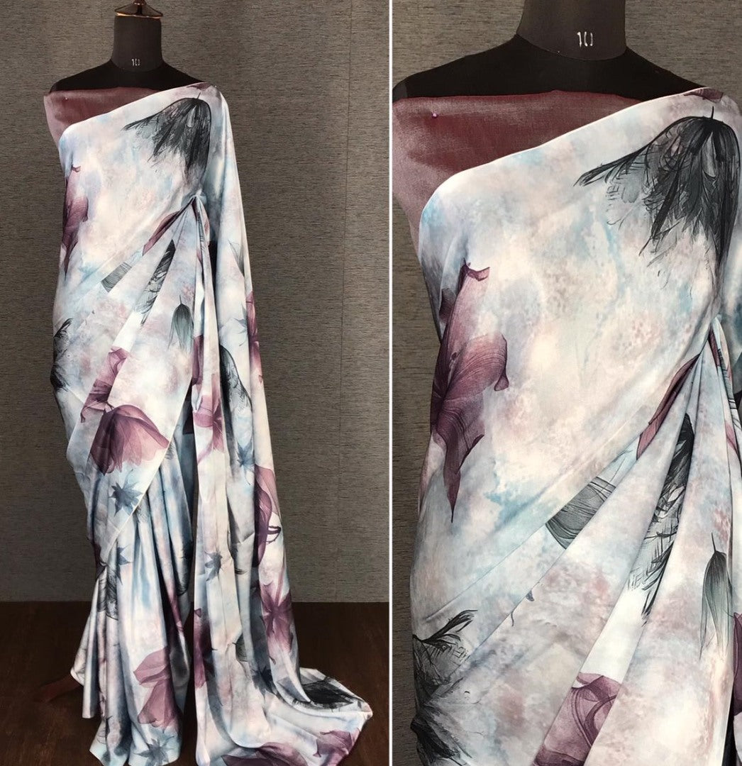 Grey japan satin digital printed work party wear saree