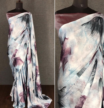 Grey japan satin digital printed work party wear saree