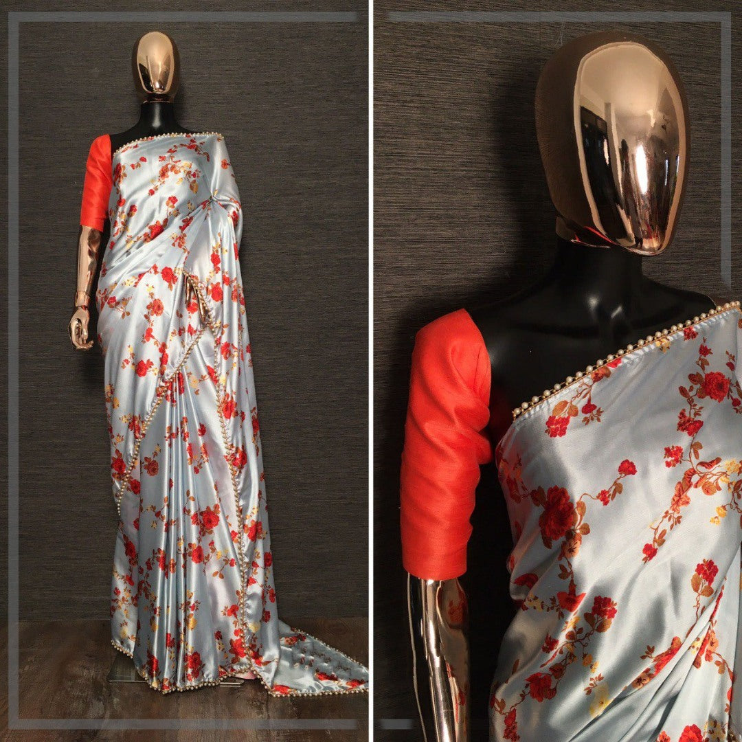 Grey japan satin floral printed pearl border saree