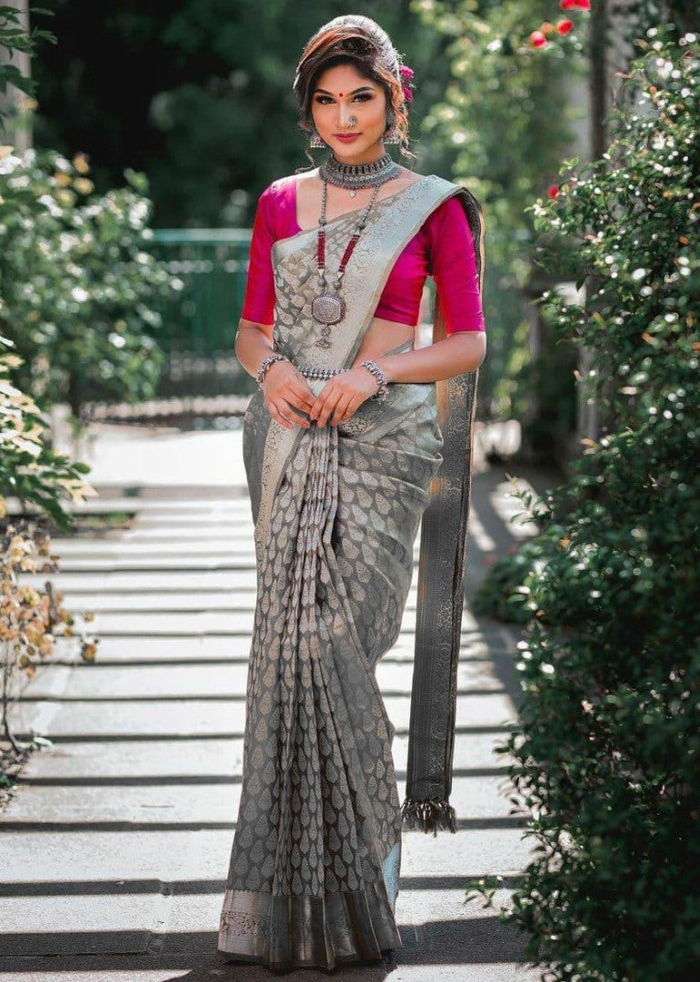 Grey kanchipuram silk silver jacquard work saree
