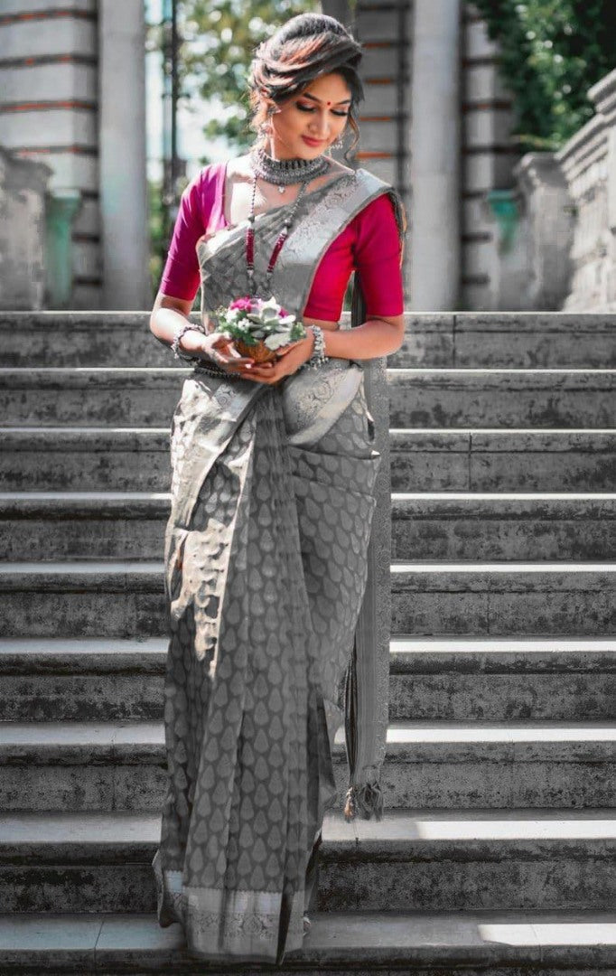Grey kanchipuram silk silver jacquard work saree