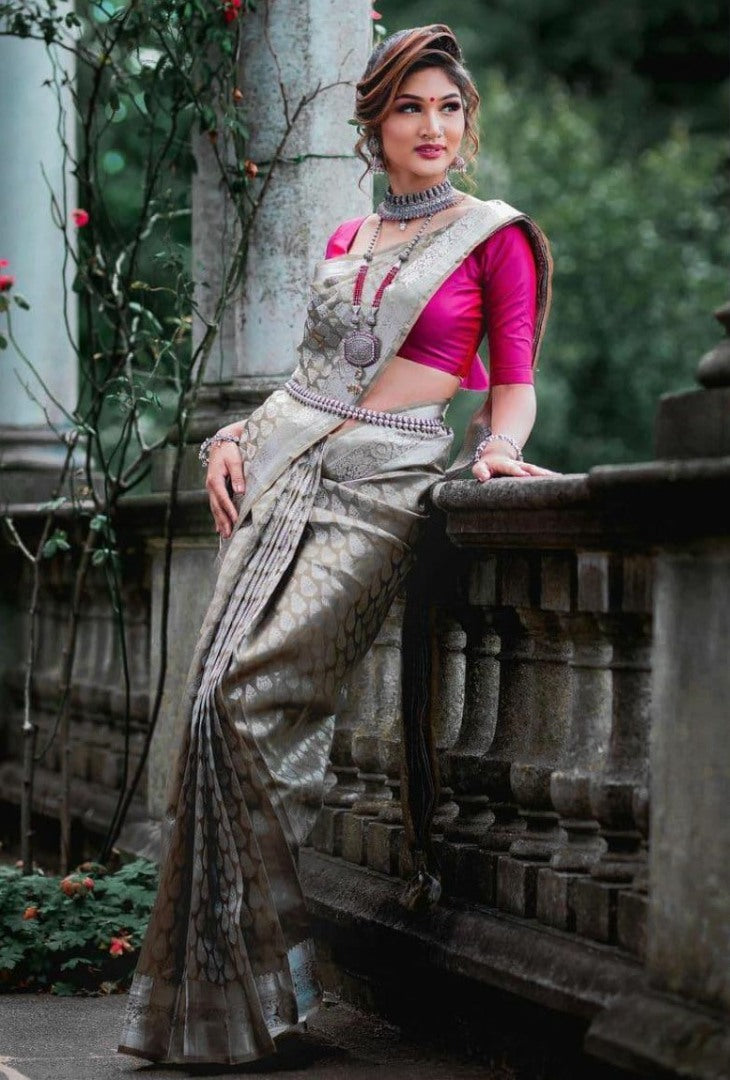 Grey kanchipuram silk silver jacquard work saree