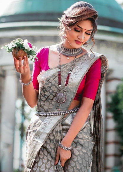 Grey kanchipuram silk silver jacquard work saree